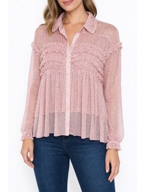 INC INTERNATIONAL CONCEPTS Button Front Long Sleeve Blouse Mesh w/ Silvery Dots